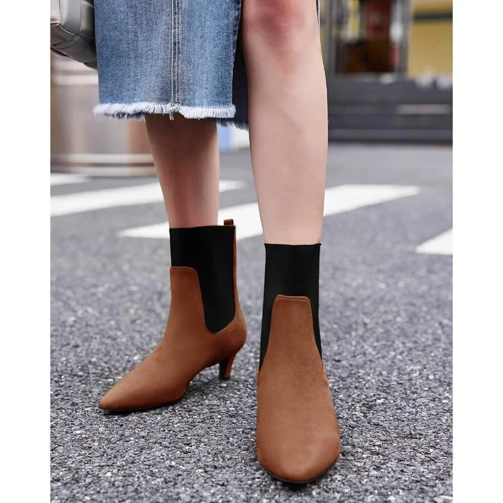 Women's Brown Ankle Low Kitten Heel Pointed Toe Slip On Dressy Winter Booties